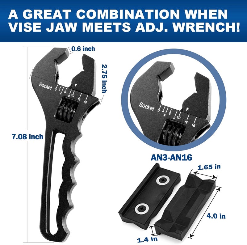 BRIFITOR AN Fittings Wrench 3AN-16AN Hose Fittings Adjustable Wrench For An Hose End Fittings Adapter Lightweight Aluminum Black (With 4" Vise Jaws Pads) - Image 2